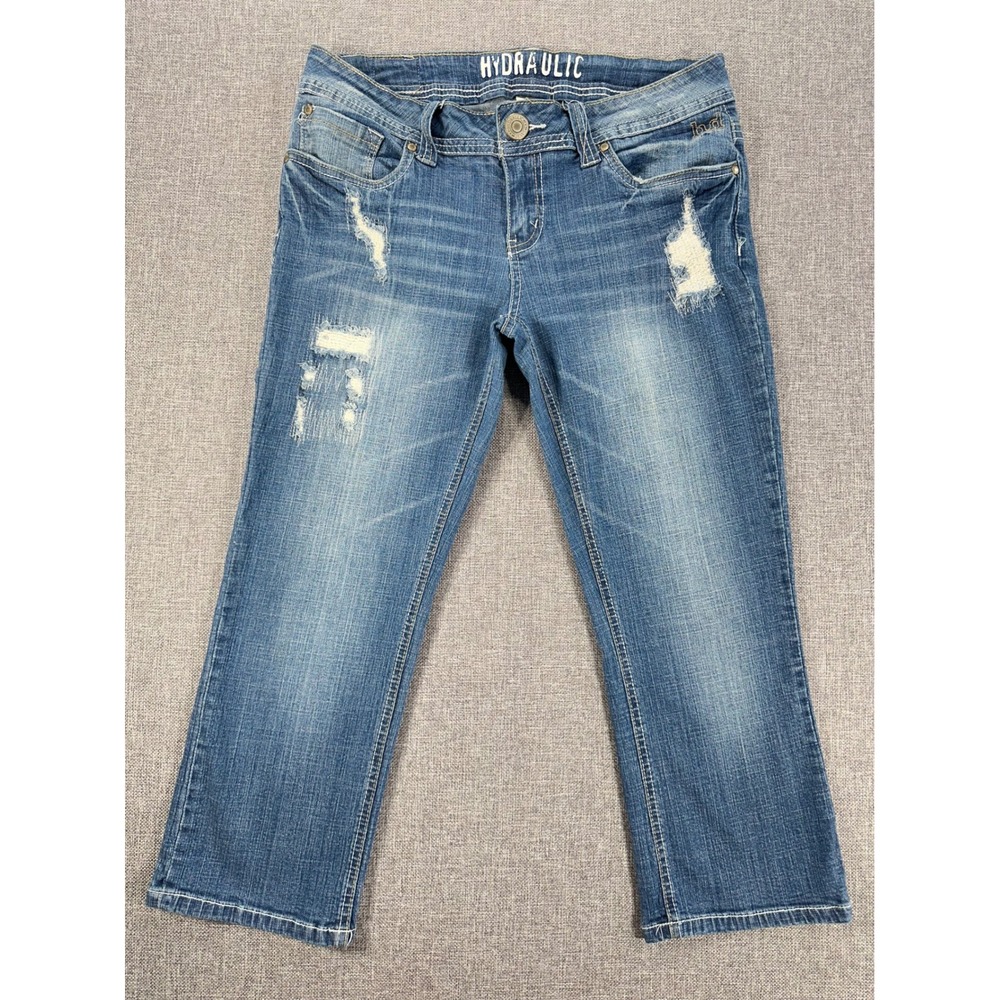 Hydraulic Capri Jeans Womens 9/10 Blue Great Distressed Thick Stitch Denim